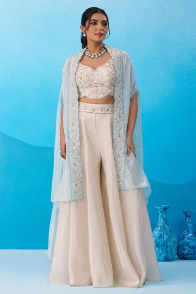 Ivory & Ice Blue Viscose Silk Embroidered 3 Piece Co-ord Set