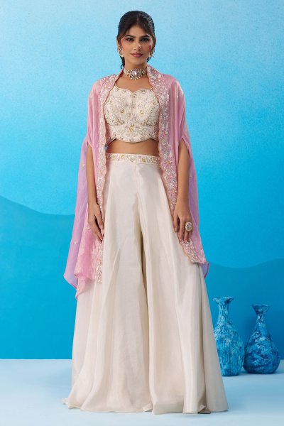 Ivory & Blush Pink Viscose Silk Embroidered 3 Piece Co-ord Set