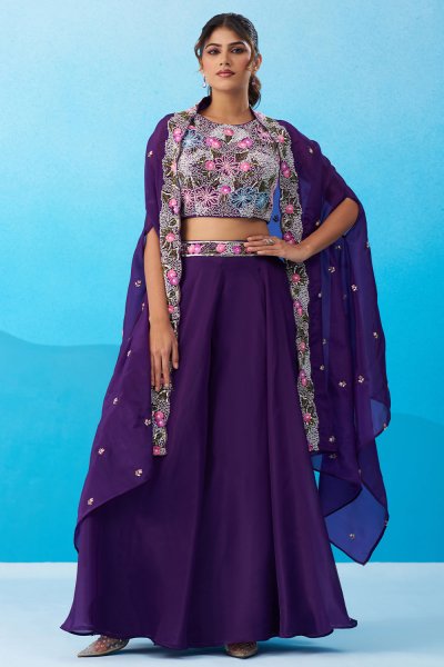 Purple Crepe Silk Embroidered 3 Piece Co-ord Set