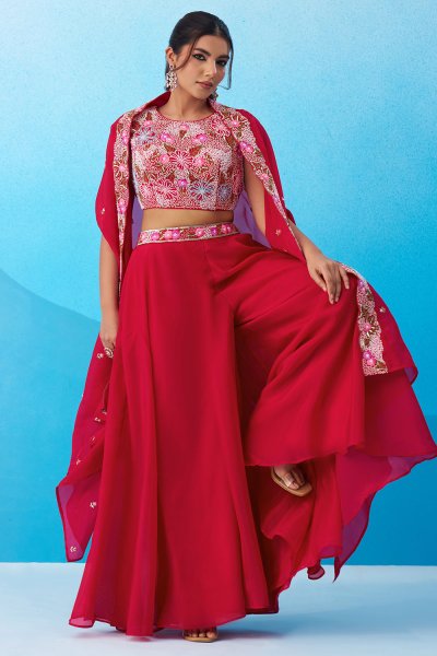 Deep Pink Crepe Silk Embroidered 3 Piece Co-ord Set
