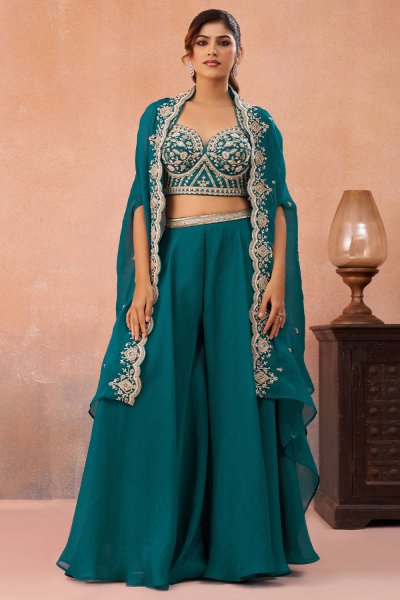 Teal Organza Silk Embroidered 3 Piece Co-ord Set