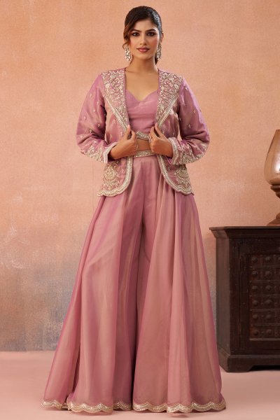 Blush Pink Tissue Silk Embroidered 3 Piece Co-ord Set