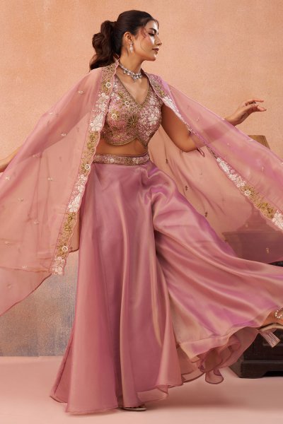 Blush Pink Tissue Silk Embroidered 3 Piece Co-ord Set
