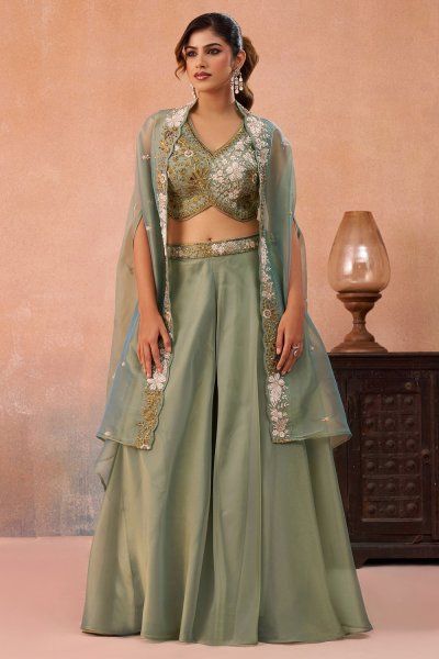 Sage Green Tissue Silk Embroidered 3 Piece Co-ord Set