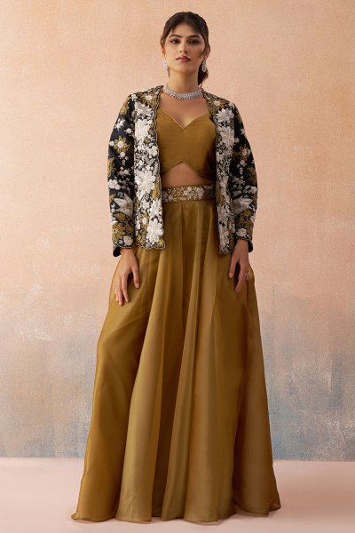 Mustard Gold & Black Tissue Silk Embroidered 3 Piece Co-ord Set