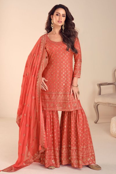 Coral Georgette Embroidered Sharara Kurta Set
