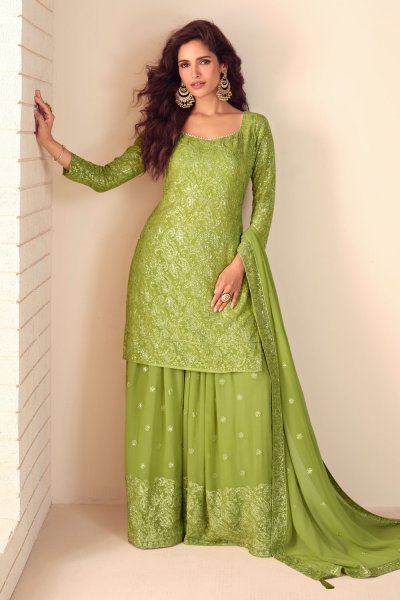 Kiwi Green Georgette Embroidered Sharara Kurta Set