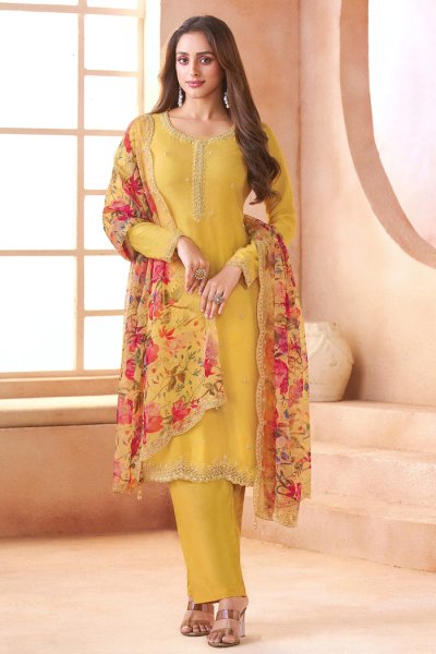Yellow Chiffon & Organza Silk Embroidered Kurta Set With Floral Dupatta