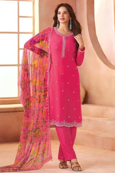 Fuchsia Pink Chiffon & Organza Silk Embroidered Kurta Set With Floral Dupatta
