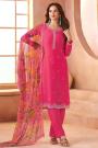 Fuchsia Pink Chiffon & Organza Silk Embroidered Kurta Set With Floral Dupatta