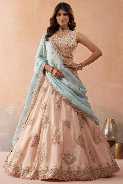 Light Peach Tissue Silk Embroidered Lehenga Set