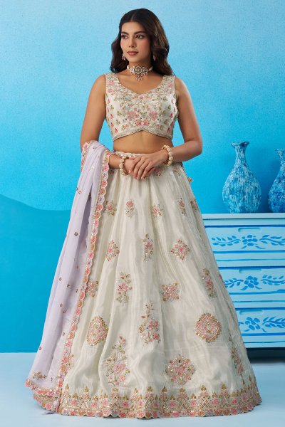 Ivory Frost Tissue Silk Embroidered Lehenga Set