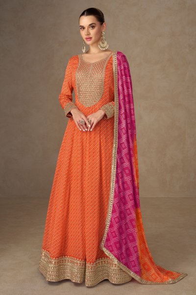 Orange Chinon Silk Bandhani Printed & Embroidered Anarkali Dress With Dupatta