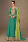 Teal Green Chinon Silk Bandhani Printed & Embroidered Anarkali Dress With Dupatta