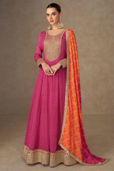 Magenta Pink Chinon Silk Bandhani Printed & Embroidered Anarkali Dress With Dupatta