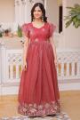 Red Shimmery Silk Embroidered Anarkali Dress