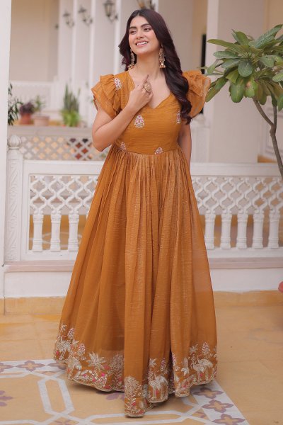 Mustard Shimmery Silk Embroidered Anarkali Dress
