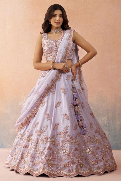 Lilac Tissue Silk Embroidered Lehenga Set