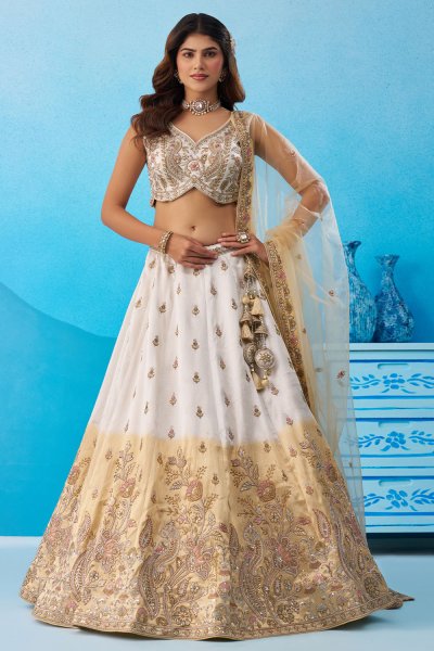 Ivory & Beige Tissue Silk Embroidered Ombre Lehenga Set With Net Dupatta