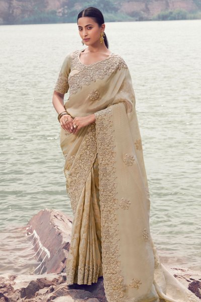 Beige Tissue Silk Zari Woven & Embroidered Saree
