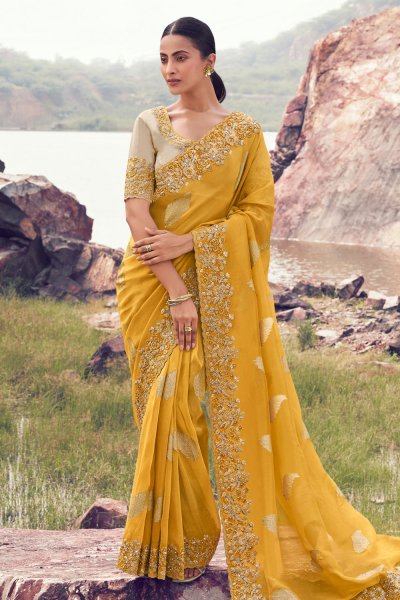 Yellow Tissue Silk Zari Woven & Embroidered Saree