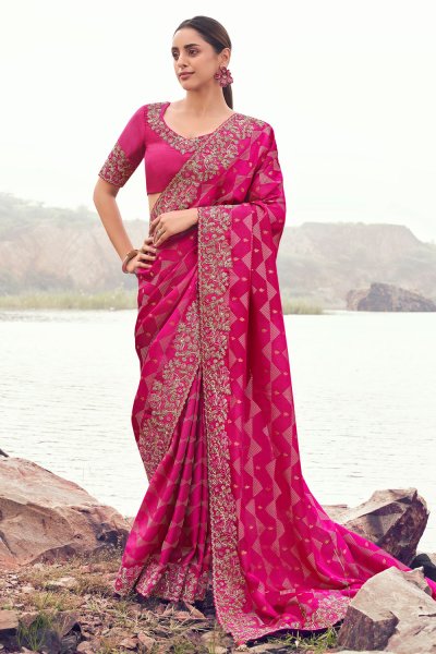 Magenta Pink Satin Silk Zari Woven & Embroidered Saree
