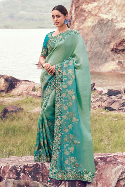 Mint Blue Tissue Silk Zari Woven & Embroidered Saree