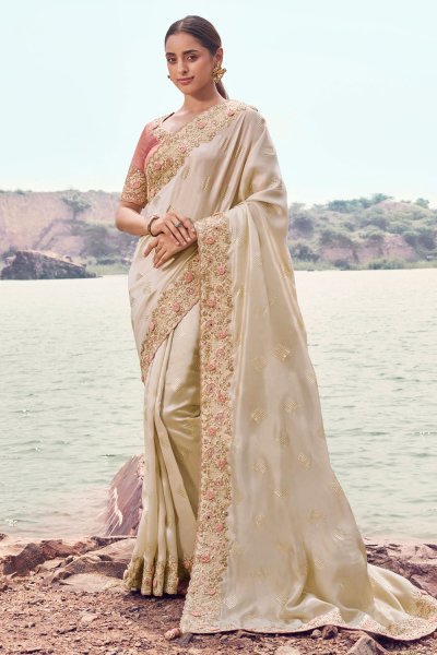 Ivory Satin Silk Zari Woven & Embroidered Saree
