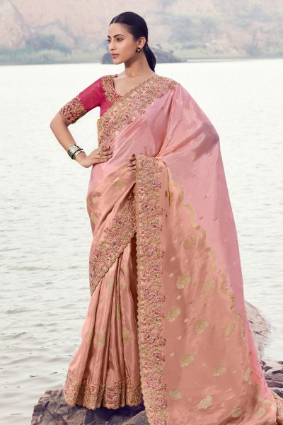 Blush Pink Tissue Silk Zari Woven & Embroidered Saree
