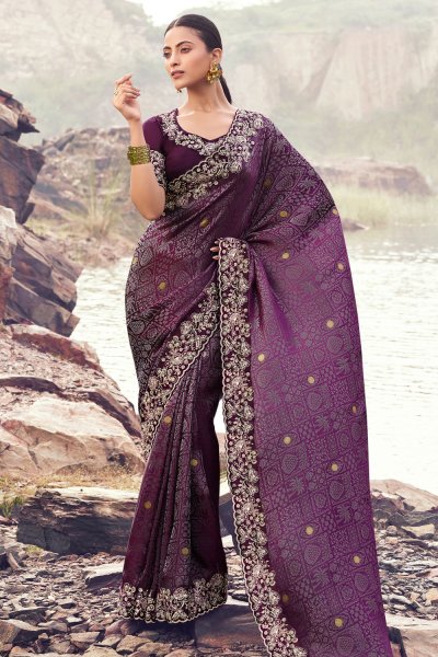 Plum Satin Silk Zari Woven & Embroidered Saree