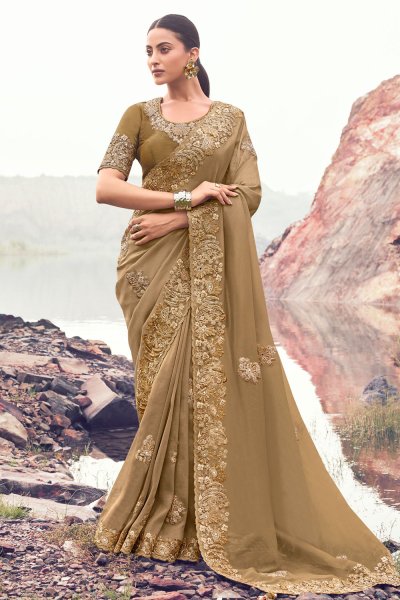 Beige Banarasi Silk Zari Woven & Embroidered Saree