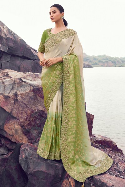 Green & Ivory Tissue Silk Zari Woven & Embroidered Saree