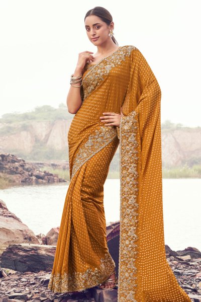 Mustard Satin Silk Zari Woven & Embroidered Saree