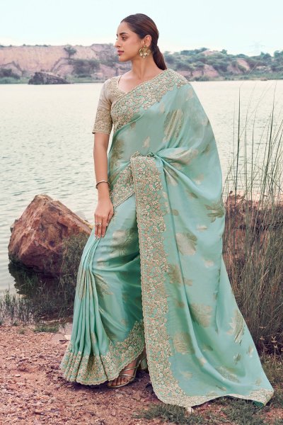 Soft Blue Tissue Silk Zari Woven & Embroidered Saree