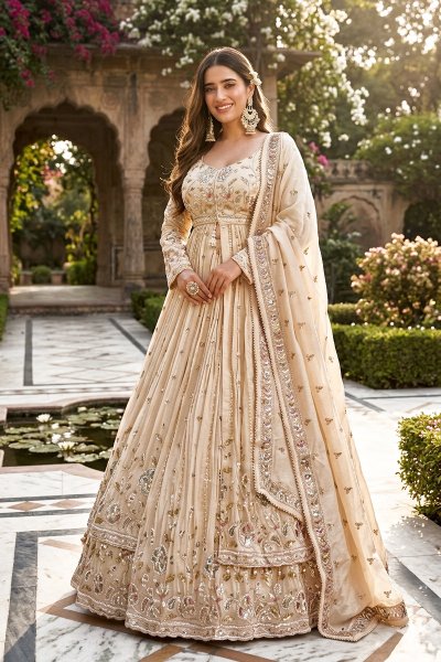 Ivory Zari Silk Hand Embroidered Front Slit Anarkali With Skirt And Dupatta