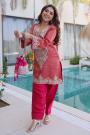 Coral Red Silk Embroidered Kurta Top With Pants And Potli Bag