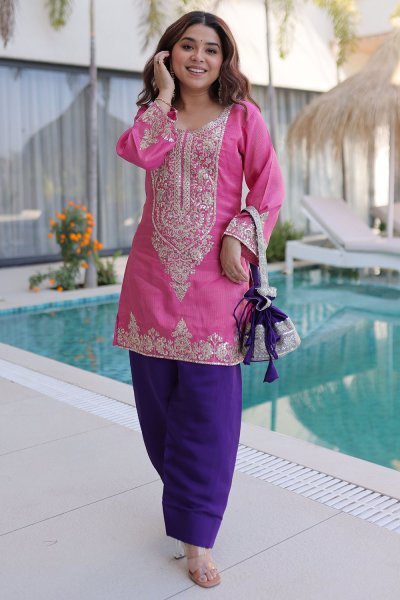 Fuchsia Pink & Purple Silk Embroidered Kurta Top With Pants And Potli Bag