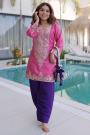 Fuchsia Pink & Purple Silk Embroidered Kurta Top With Pants And Potli Bag