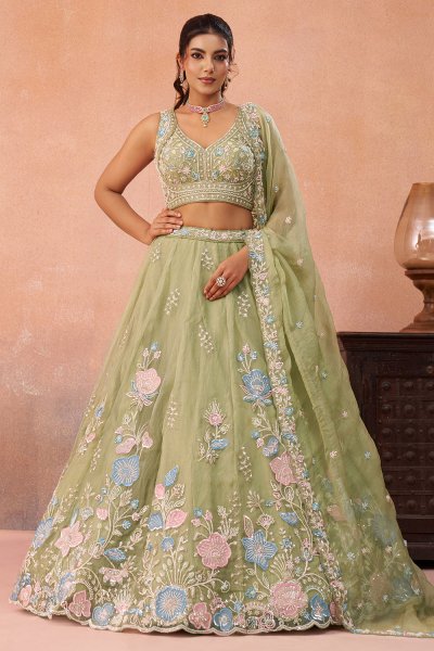 Pastel Green Tissue Silk Embroidered Lehenga Set