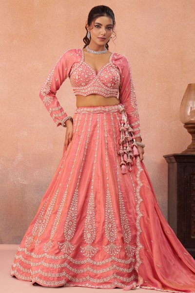 Peach Tissue Silk Embroidered Lehenga Set
