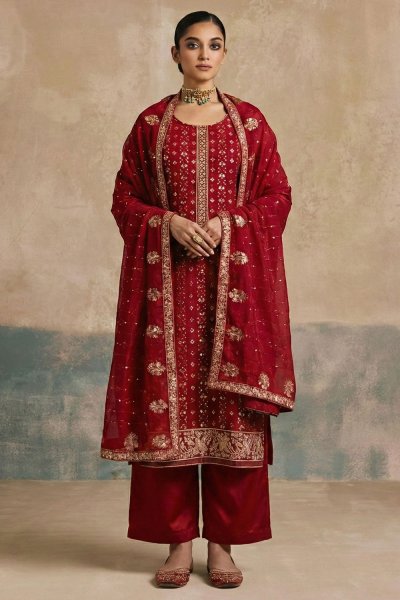 Red Georgette Embroidered Kurta Set
