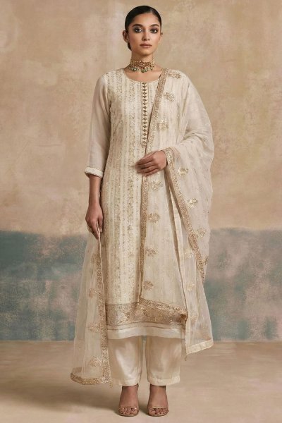 Ivory Georgette Embroidered Kurta Set