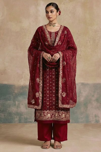 Maroon Georgette Embroidered Kurta Set