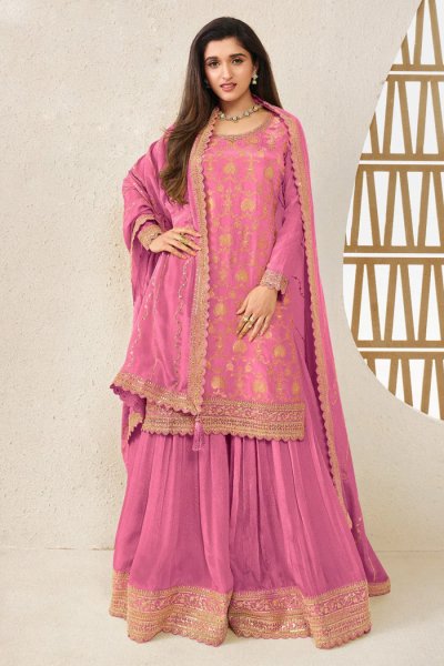 Light Pink Chinon Silk  Zari Woven & Embroidered Sharara Kurta Set