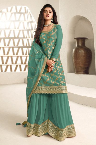 Teal Chinon Silk  Zari Woven & Embroidered Sharara Kurta Set