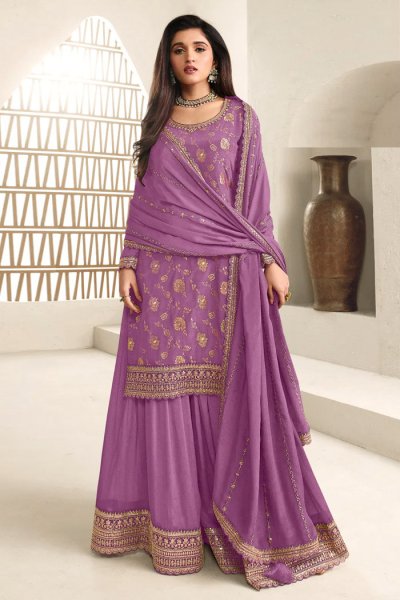 Purple Chinon Silk  Zari Woven & Embroidered Sharara Kurta Set