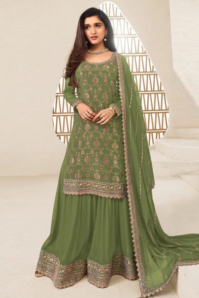 Fern Green Chinon Silk  Zari Woven & Embroidered Sharara Kurta Set