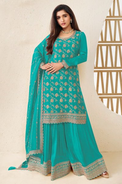 Turquoise Blue Chinon Silk Zari Woven & Embroidered Sharara Kurta Set