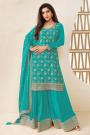 Turquoise Blue Chinon Silk Zari Woven & Embroidered Sharara Kurta Set
