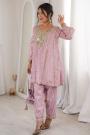 Soft Pink Silk Embroidered Kurta Top With Pants And Potli Bag